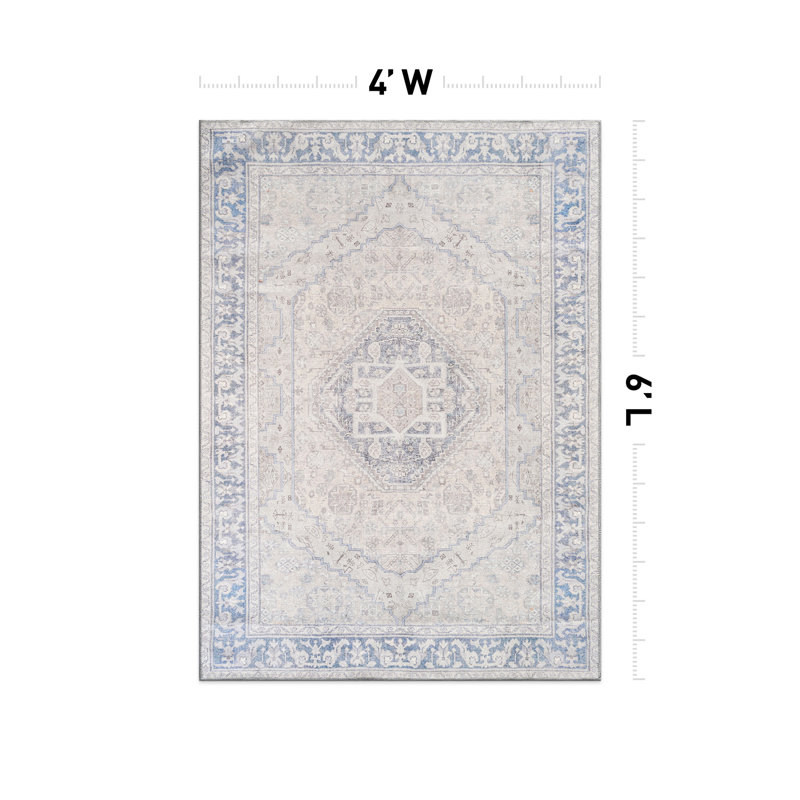 Valora Blue Traditional Washable Flatweave Rug With Non-Slip Backing, Rectangle 4' x 6'