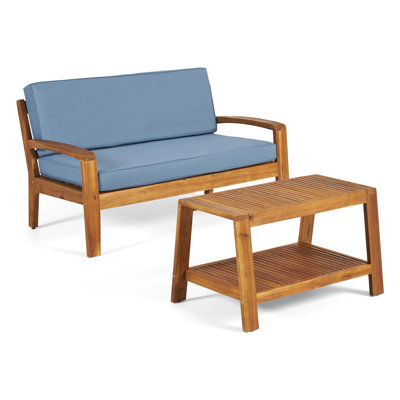 Roomfitters Outdoor Loveseat and Coffee Table Set, Acacia Wood Patio Furniture with Cushions, Blue
