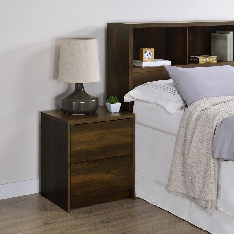 Table de chevet 2 tiroirs avec lumières DEL et USB, Pin foncé
