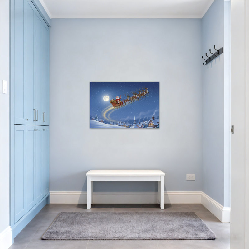 Noël père Noël survolant la ville enneigée, H 20 po x l 30 po