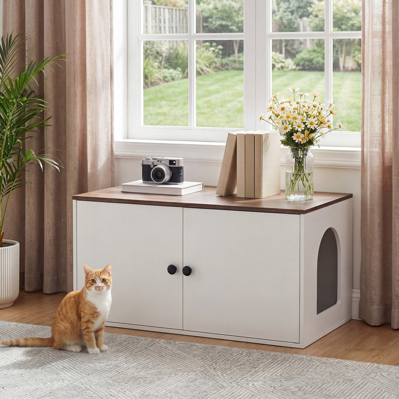 Litière cachée clos Enceinte de litière pour chat, Blanc/noyer