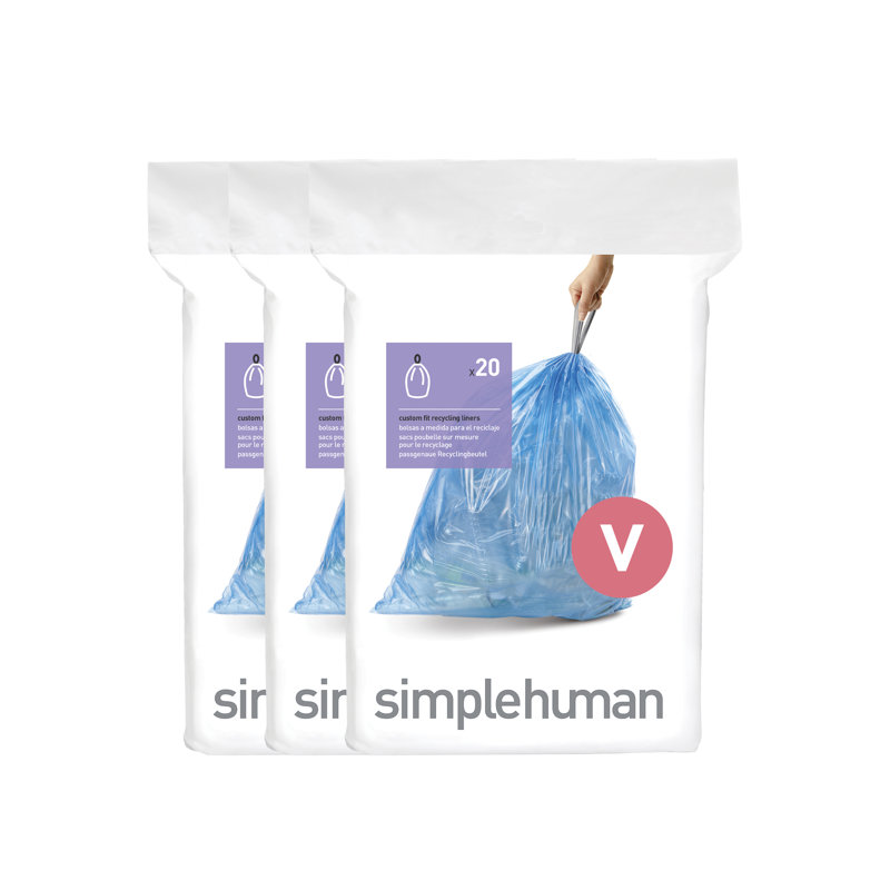 Three packs of blue custom-fit recycling trash bags with drawstring closures.