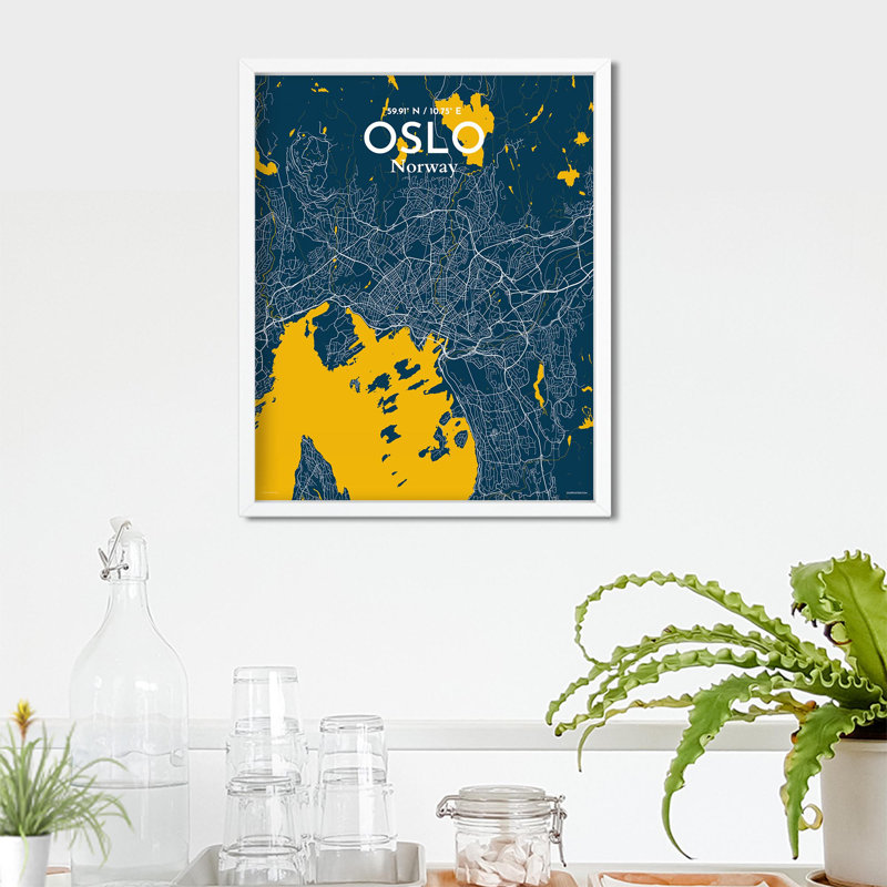 Oslo, carte de la ville, impression, H 20 po x l 16 po, Bleu / Jaune
