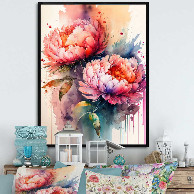 «Hermina Vibrant Pe pivoines», reproduction sur toile, H 32 po x l 24 po x P 1 po, Toile avec cadre flottant noir