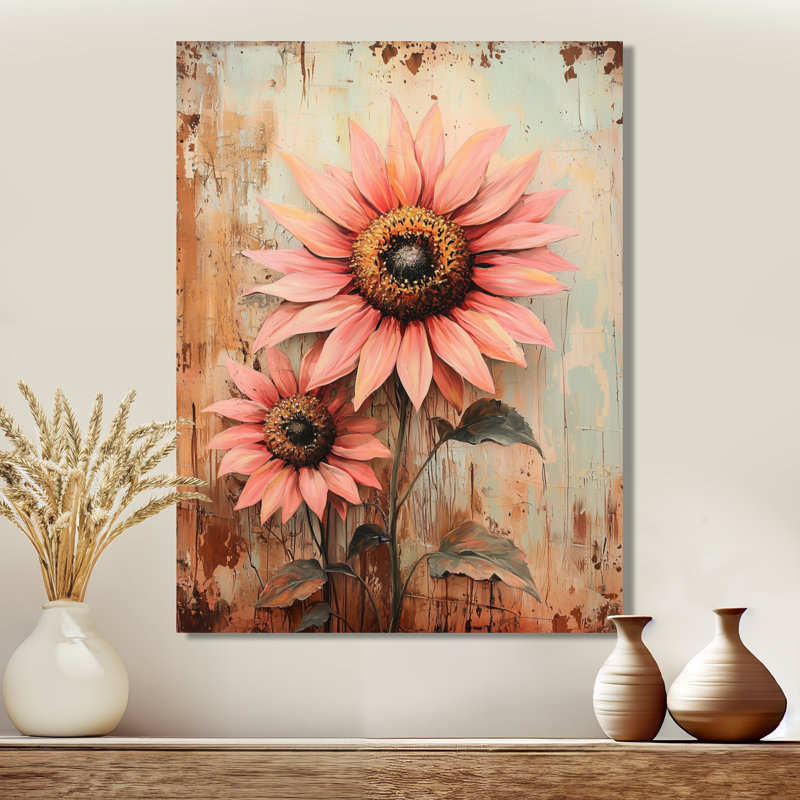 «Vintage Sunrise Sunflowers Bloom II» - Impression sur métal tournesols, H 32 po x l 16 po