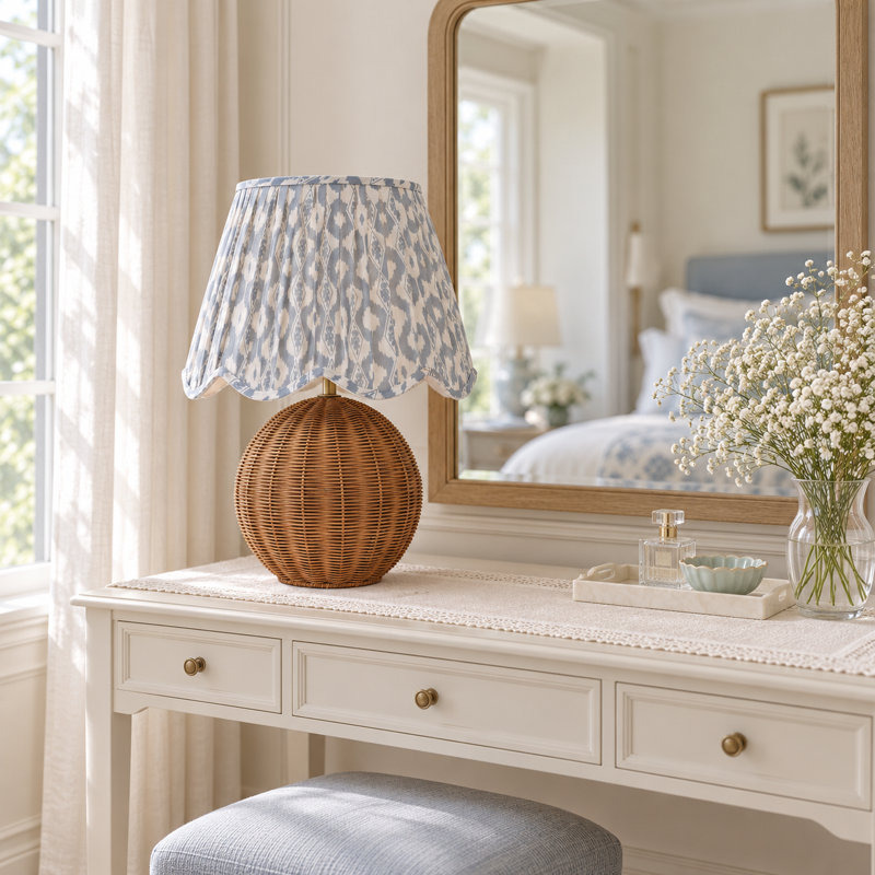 Rattan Table Lamp with Pleated Fabric Shade, Blue