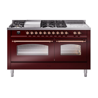 Cuisinière ILVE Nostalgie II Série 60 po à double combustible avec 7 brûleurs scellés, plaque de cuisson, table française (gaz naturel, porte vitrée)