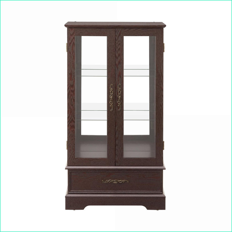 Curio Display Cabinet, Lighted Vintage American Retro with Adjustable Glass Shelves, 2 Doors &amp; 1 Drawer | Cherry | MDF+Glass