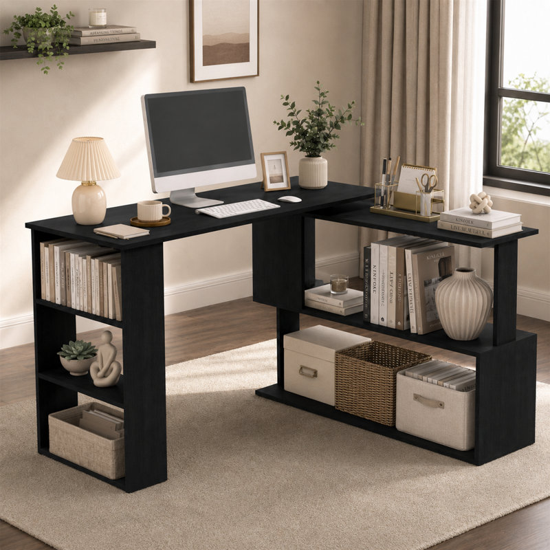 Bureau d'ordinateur pivotant à 360 degrés en forme de L avec tablettes de rangement - Bureau / poste de travail multifonctionnel noir