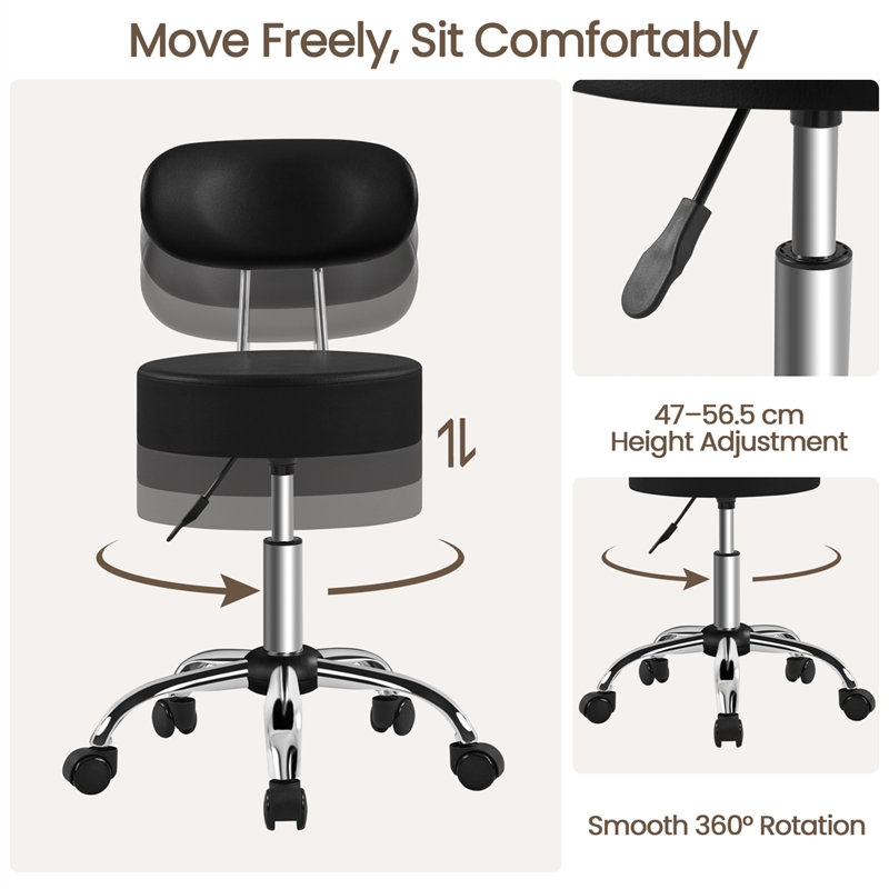 Backed Adjustable Height Ergonomic Industrial Stool, Black