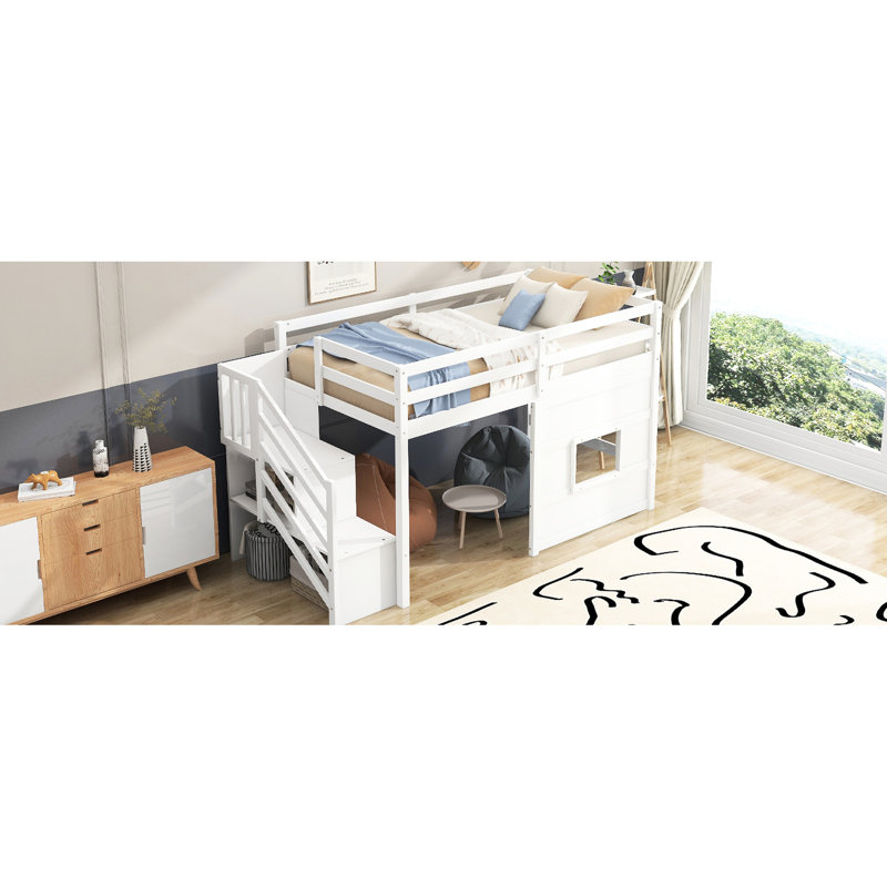 Lit mezzanine simple avec rangement et fenêtre - aucun sommier nécessaire pour une installation facile, escalier pratique en bois blanc