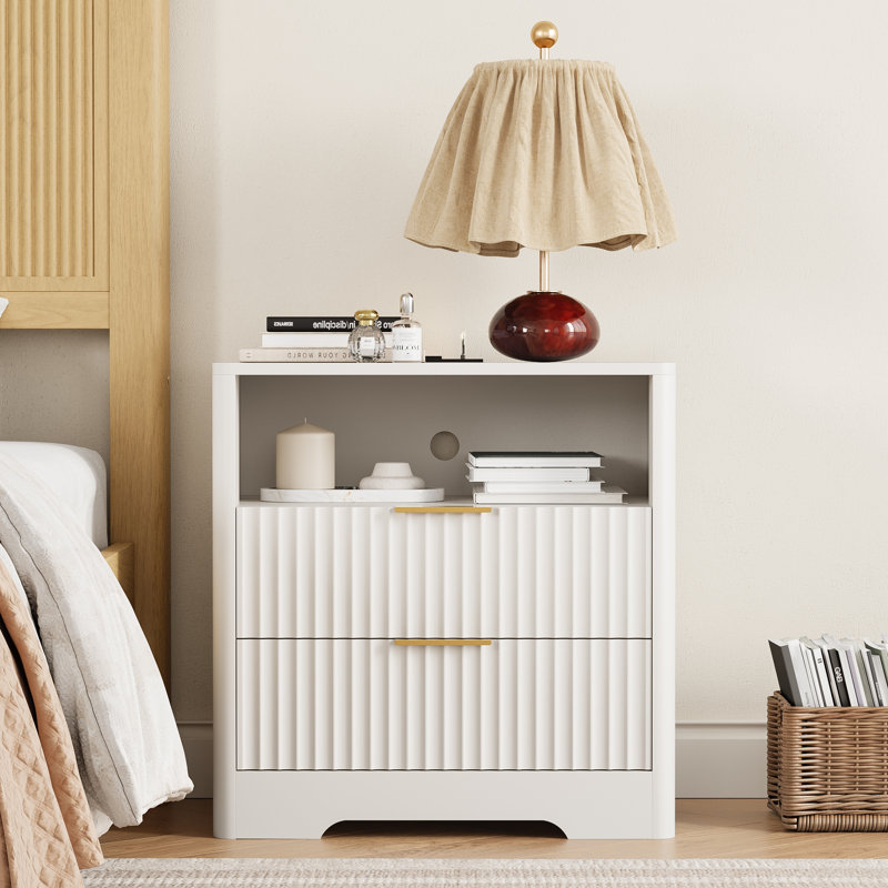Table de chevet cannelée avec station de charge, lumière DEL à commande vocale, table de chevet avec tablette et armoire