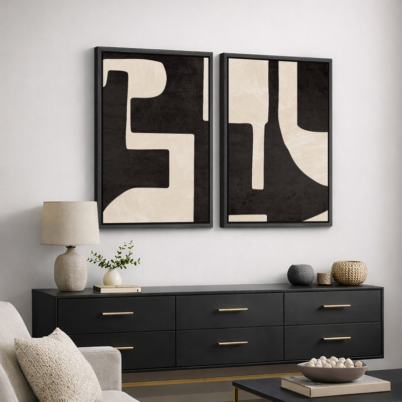 «Mid Century Shape», art moderne géométrique noir et crème, photos murales abstraites neutres et élégantes, impression sur toile encadrée 2 pièces, 16 x 24 x 2, 24 x 36 x 2