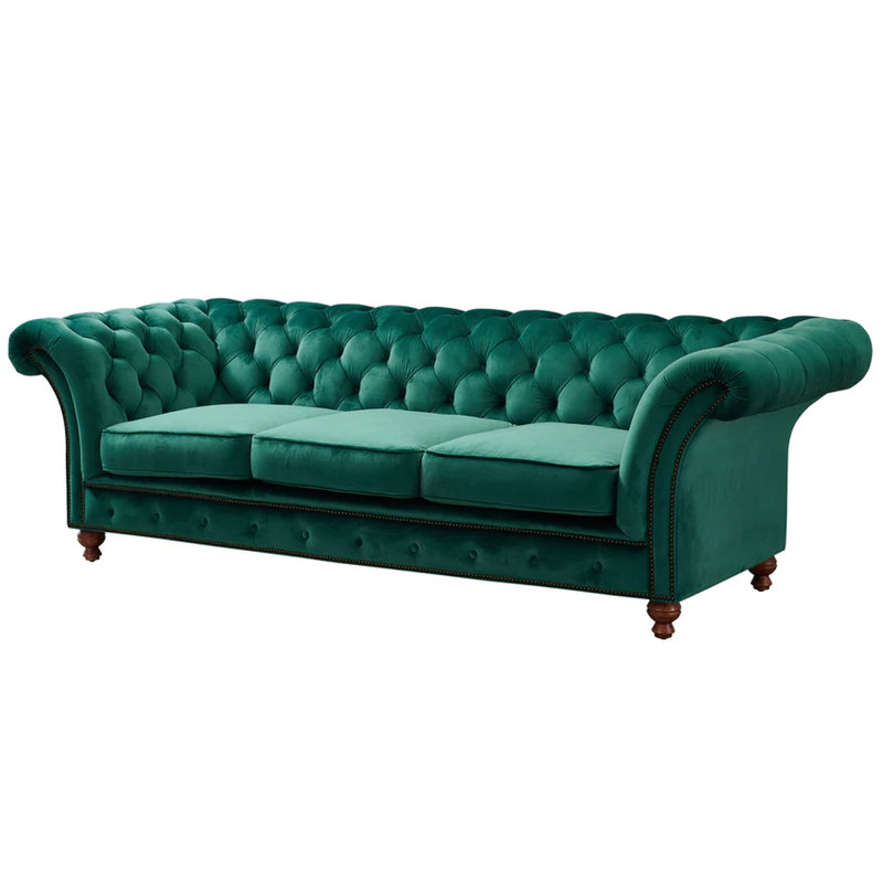 Jarique 98" Velvet Rolled Arm Chesterfield Sofa, Green Velvet