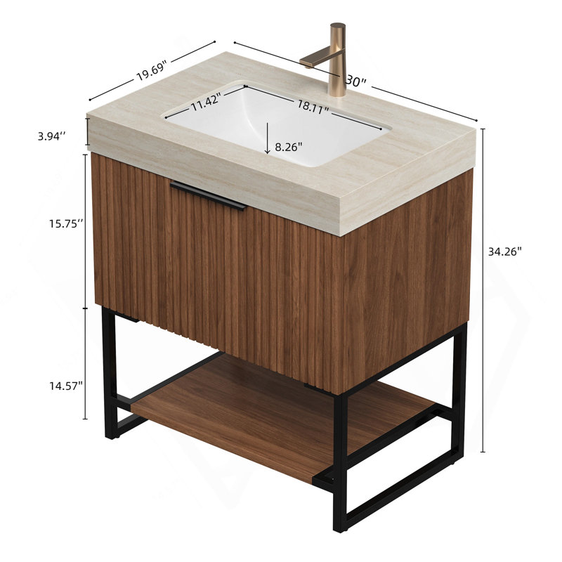 30" Bathroom Vanity&Sink, Freestanding Striped Plywood Storage Cabinet With Drawer&Open Shelf, Roma Travertine Sintered Stone Top&Undermount Ceramic Basin, Pre-Assembled, Dark Walnut Woodgrain
