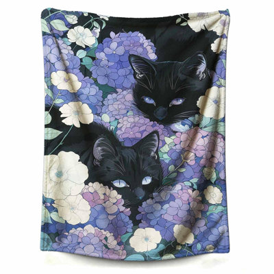 Jeté deux chats noirs avec des fleurs mauves, douillet, douillet et moelleux pour un canapé, un canapé, un fauteuil de voyage, 60 x 80 po