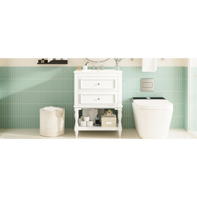 Meuble-lavabo de 24 po avec lavabo en céramique, tablette ouverte et 2 tiroirs, style rétro, espace de rangement pratique, lavabo de haute qualité