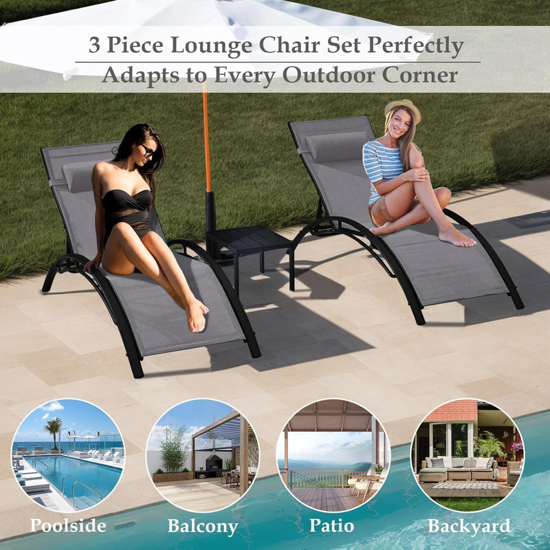 Outdoor Chaise Lounge Set of 3, Reclining Patio Chairs with Side Table, Poolside Tanning Chairs with Armrests and Headrest, All-Weather Outdoor Furniture for Backyard, Deck, Gray