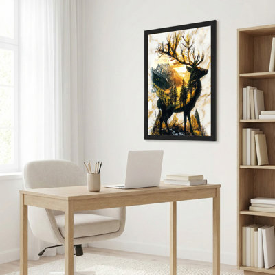 Silhouette de cerf avec paysage de montagne, reproduction d'art sur toile tendue sur toile, ensemble de 1