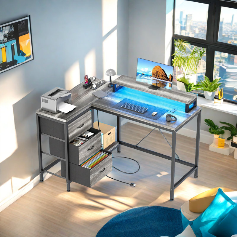 L-Shaped Metal Base Computer Desk, Grey/Black