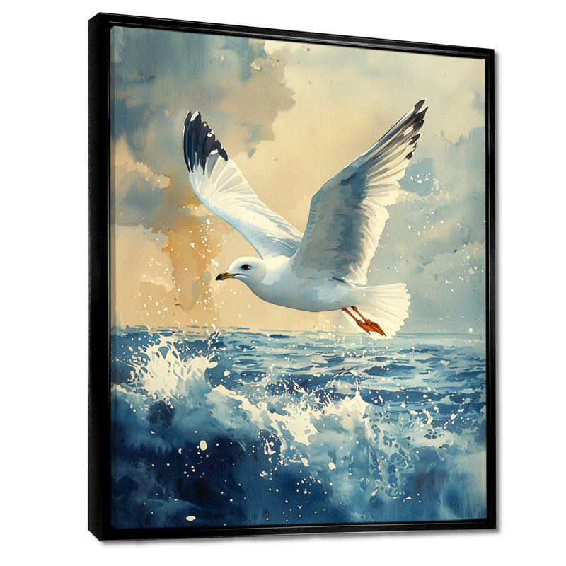 Azim Watcher Seagull Above The Shore I - Art mural oiseau, Noir, Impression encadrée flottante, H 20 po x l 12 po