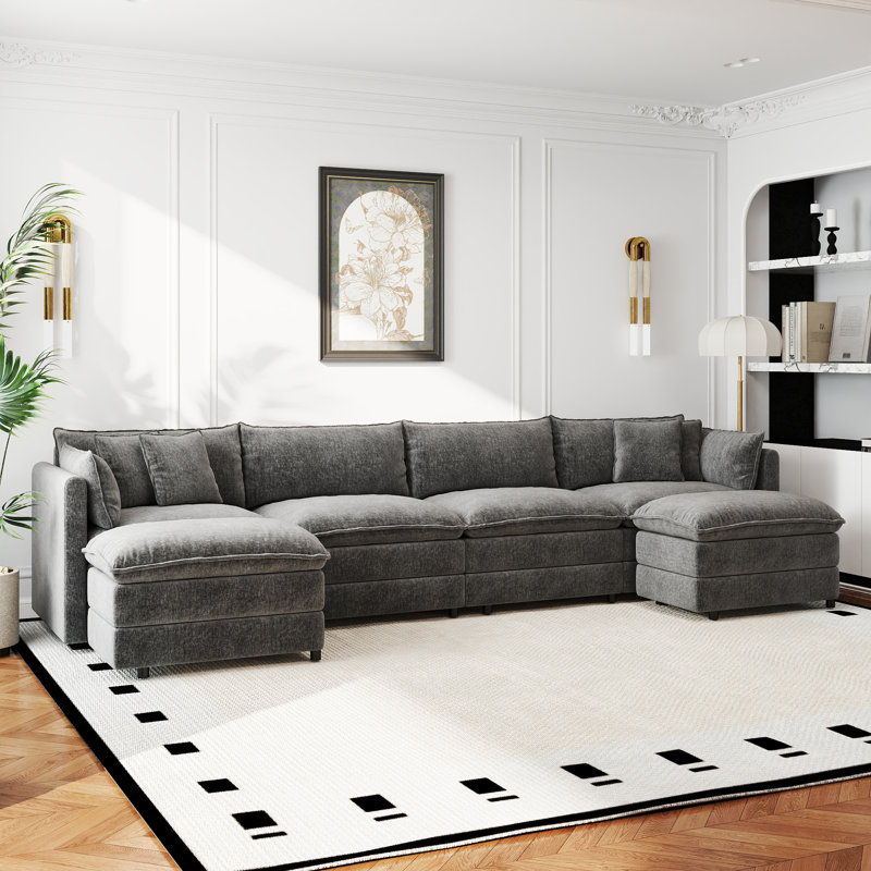 Canapé-lit en chenille moderne avec repose-pieds, Gris chenille, H 33,85 po x l 147,22 po x P 35,82 po