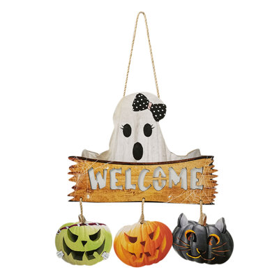 Halloween Welcome Door Sign, Cute Ghostly Pumpkin Wall Mounted Illuminated Door Signs