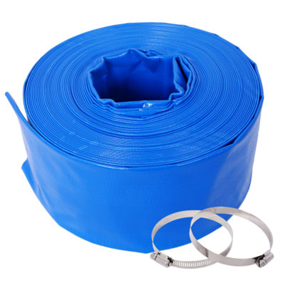 Pool Backwash Hose, Blue Heavy Duty Reinforced PVC Lay Flat Water Discharge Hose for Swimming Pool Filter Pump,with 2 Clamp