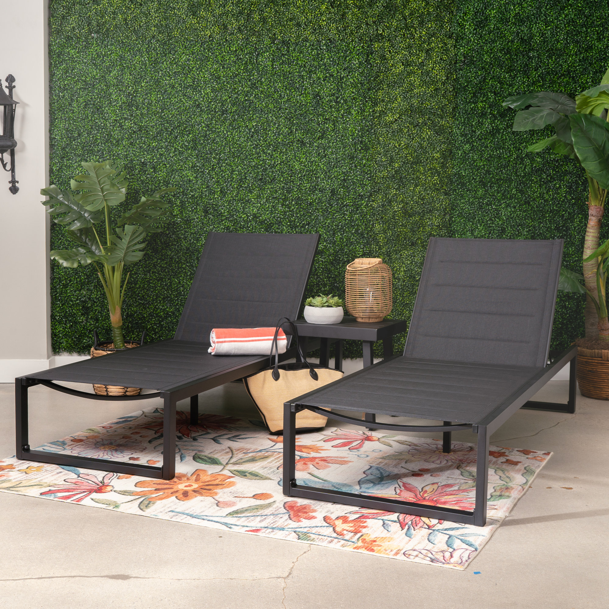 Armando Outdoor Aluminum Chaise Lounge Set with Table, Black