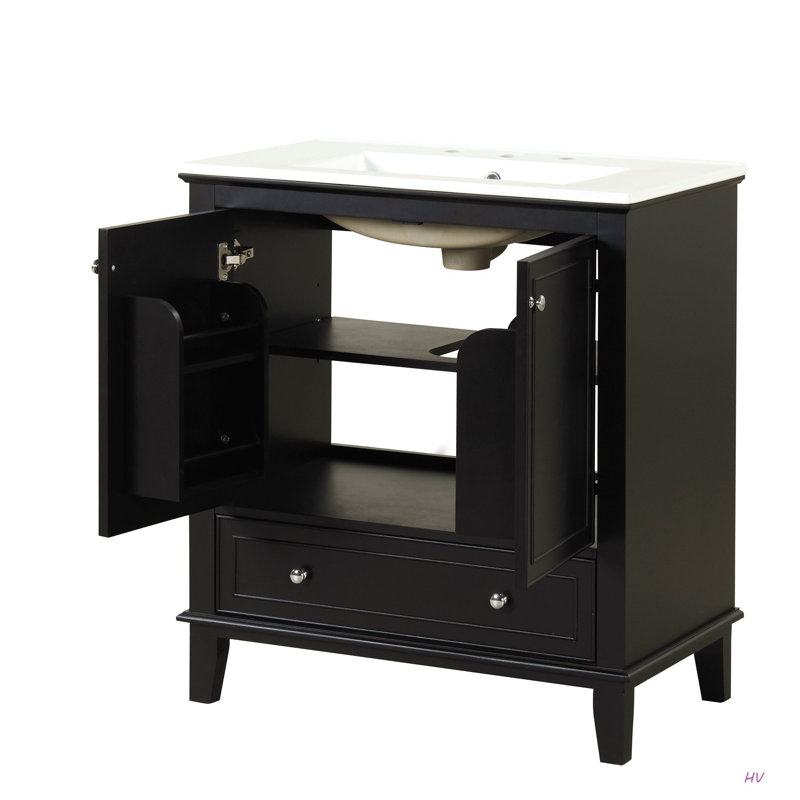 Meuble-lavabo 30 po avec lavabo, armoire multifonctionnelle avec portes et tiroir, bois massif et panneau de fibres à densité moyenne, noir
