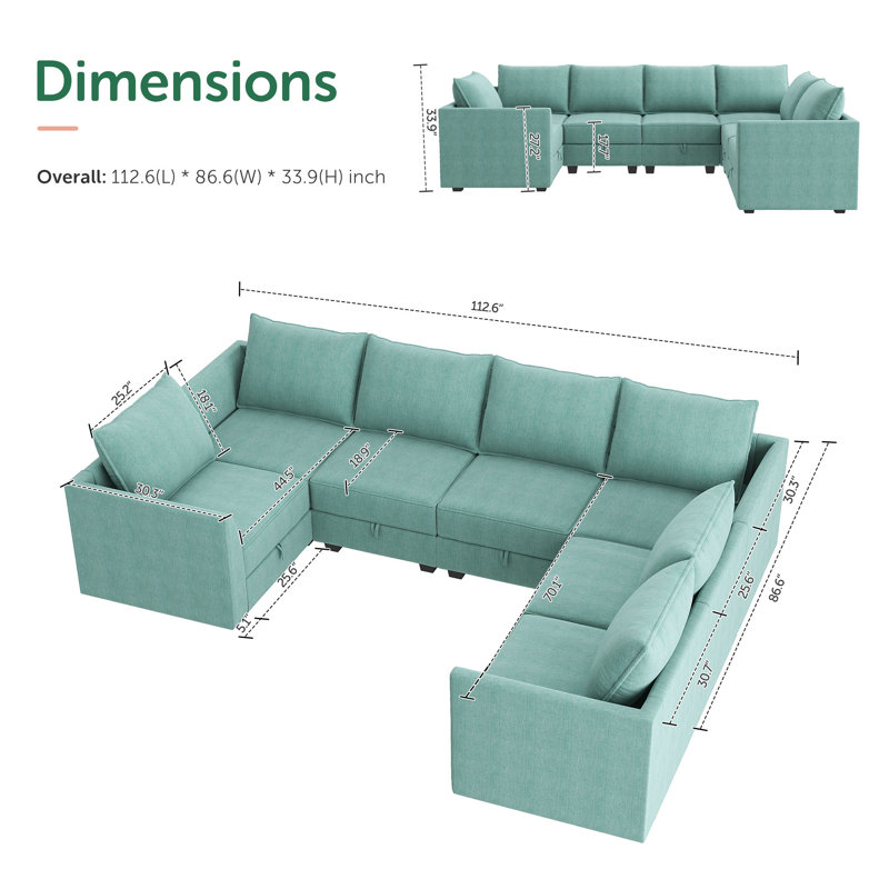 U-Shaped Corner Modular Upholstered Sectional Sofa with Storage Seat, Blue Polyester