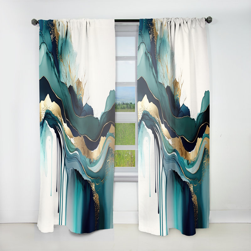 Teal And Gold Abstract Expression IV - Abstract Velvet Curtain - 1 Panel, 52" W x 108" L