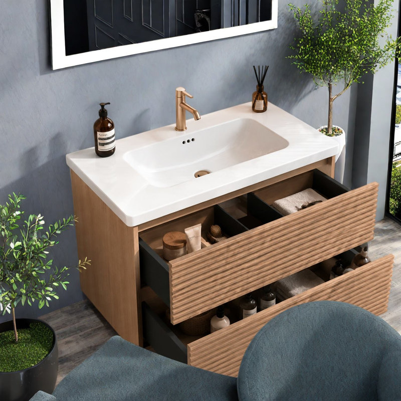 Meuble-lavabo mural moderne en bois avec rangement 24 po, Tanné