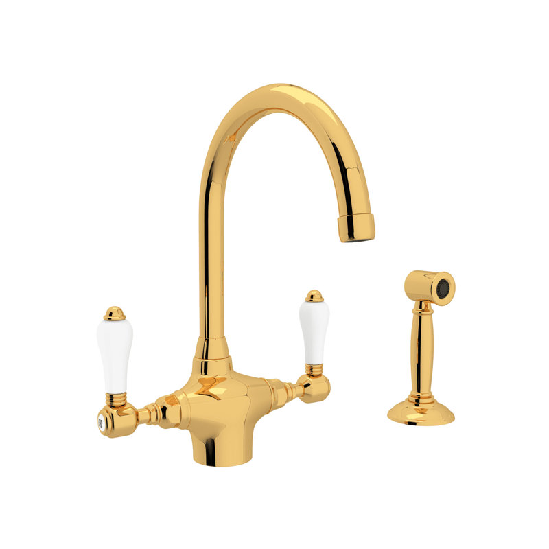 San Julio Two Handle Kitchen Faucet With Side Spray, Italian Brass/White