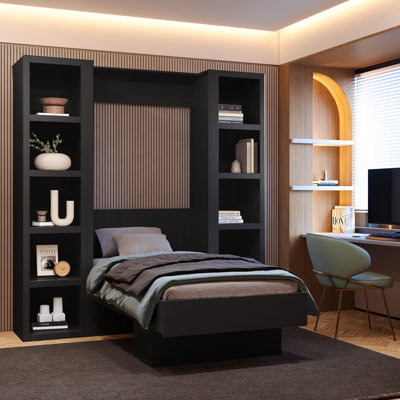 Easy-Lift Murphy Wall Bed in Wood Grain with Two Bookshelves