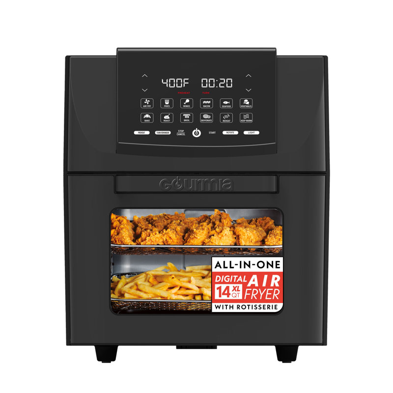 Gourmia 14 Quart Digital Air Fryer Oven with Rotisserie, 12 Presets, Dishwasher-Safe Accessories, Black, 1750W, Black