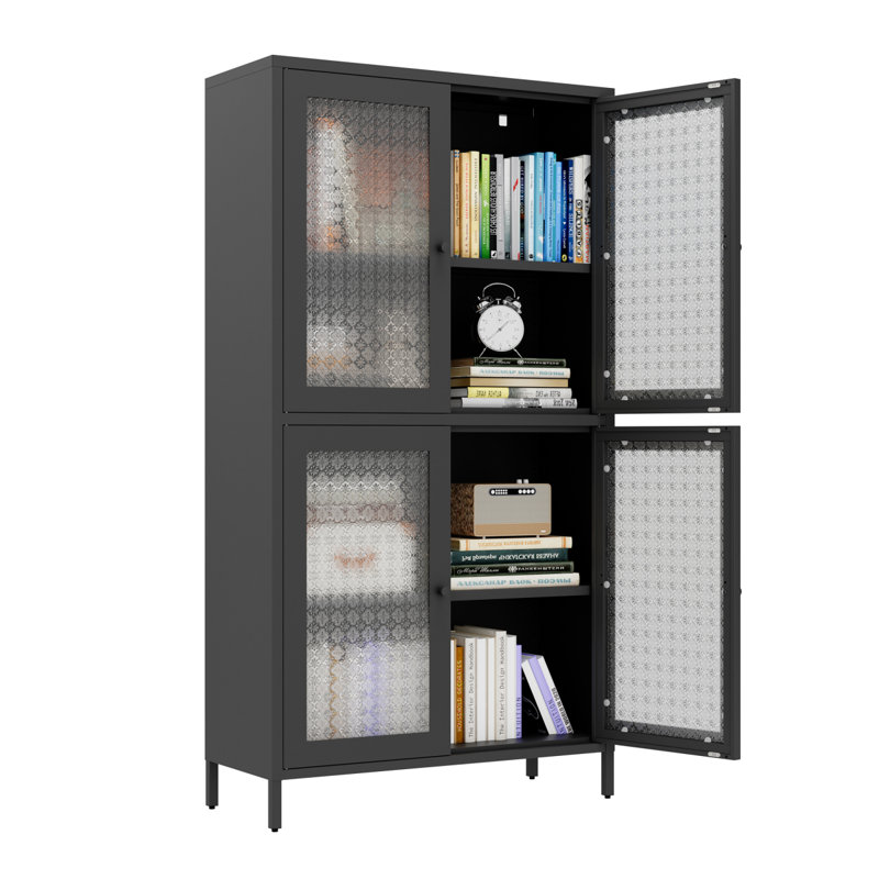 Classic Metal Storage Cabinet Display Cabinet With 4 Glass Doors 4 Shelves Cabinet Freestanding Bookcase Side Cabinet For Home Office Living Room Kitchen Hallway - Black, Begonia Flower Tempered Glass