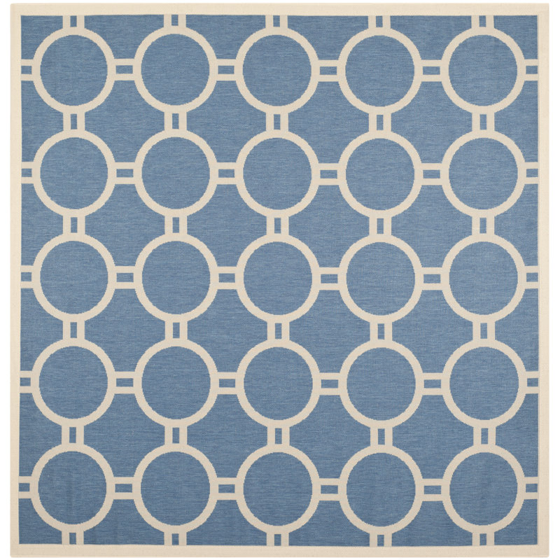 Courtyard Ariel Easy-Care Blue & Beige 7'10" Square Indoor/Outdoor Rug