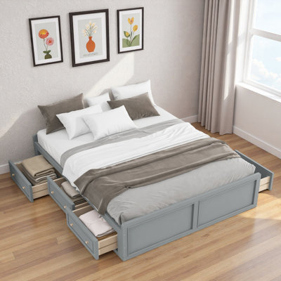 Structure de lit plateforme en bois avec 6 tiroirs et poignées à boutons de couleur bois