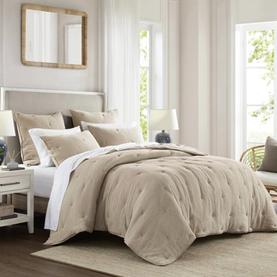 Courtepointe très grand en gaze de coton de couleur taupe, courtepointe douce et naturelle, chaleur toutes saisons avec bourre de 250 g / m², broderie pour un style attrayant, 2 taies décoratives 3 pièces, surface froissée,