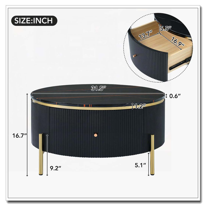Table basse ronde avec 2 grands tiroirs de rangement, Noir