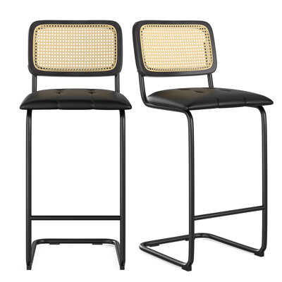 Ensemble de 2 tabourets de bar à hauteur de comptoir, tabourets de bar rembourrés en cuir de polyuréthane avec dossier en rotin, chaises de bar sans accoudoirs pour îlot de cuisine, noir