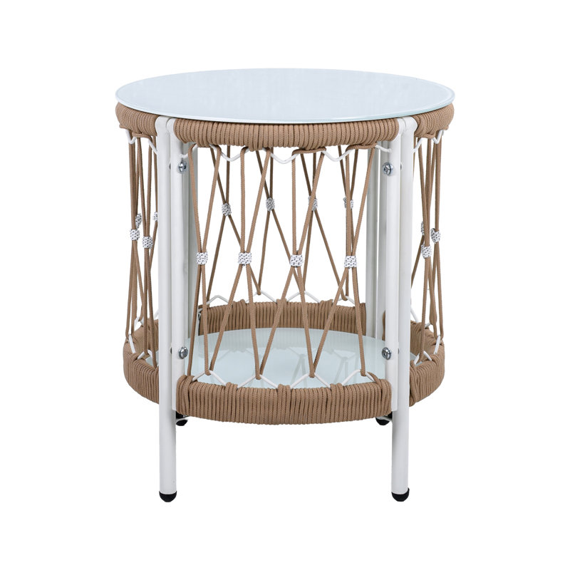 Table d'appoint d'extérieur 17,22 "avec essence bohémienne, plateau en corde tissée et structure thermolaquée pour les décors en bord de piscine