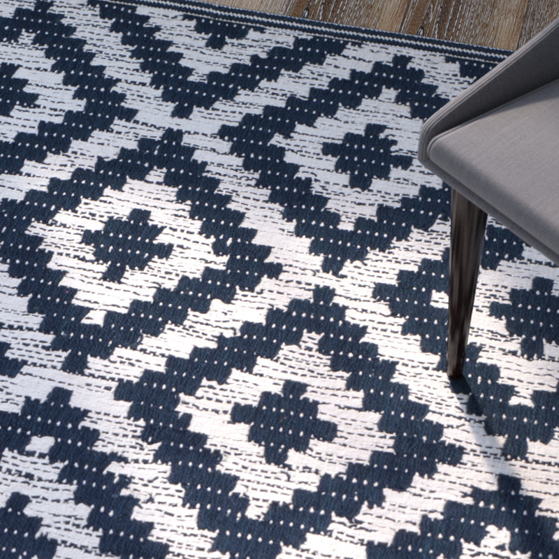 Tapis bleu marine/ivoire en coton à tissage plat fait main géométrique Harlow, Rectangle 8 pi x 10 pi