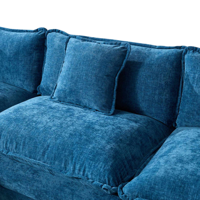 Causeuse rembourrée en chenille l 78 po Geneveve avec 4 coussins et coussins en mousse compressée, Bleu, 2