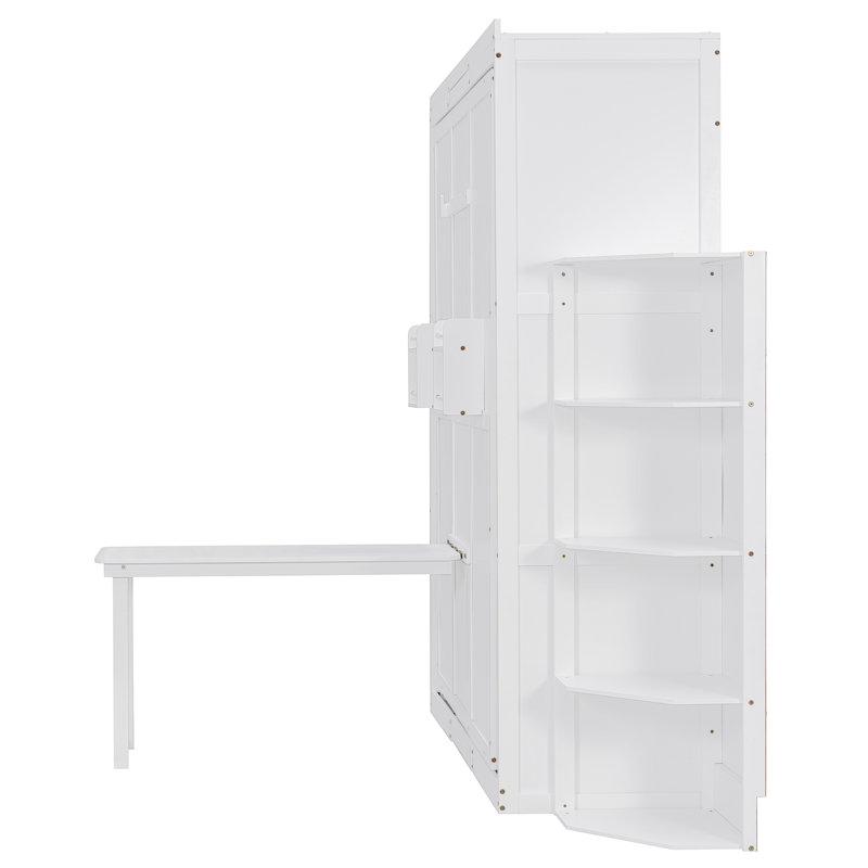 Lit mural pivotant à 360 ° avec rangement dissimulé et bureau convertible, Blanc