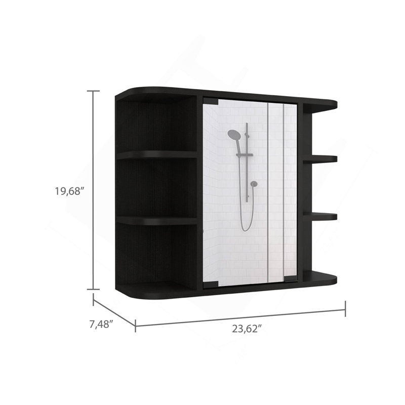 Milan Medicine Cabinet, Six External Shelves Mirror, Three Internal Shelves -Black, Black