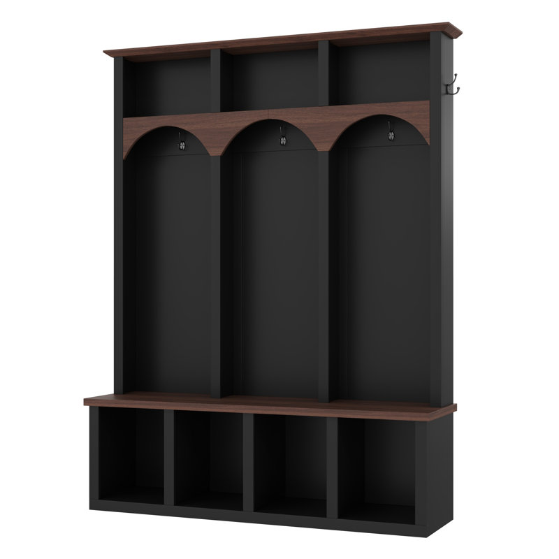 Farmhouse Style Hall Tree with Arched Design, Practical Entryway Storage Bench with 5 Black Hooks, Minimalist 4-in-1 Hallway Shoe Cabinet with 7 Cubbies