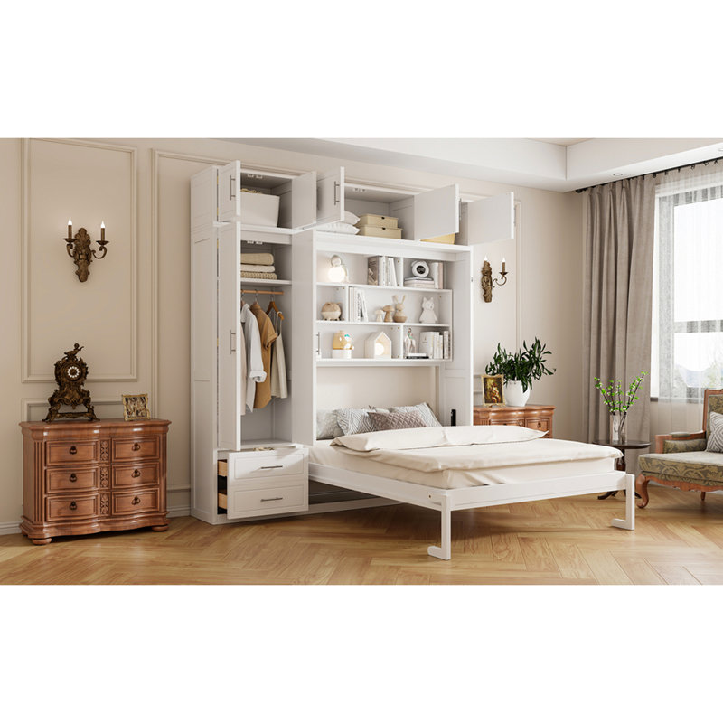 Grand lit mural avec armoire supérieure, tablettes, garde-robe et tiroirs - pliable pour économiser de l'espace en blanc, idéal pour les petits appartements, avec des lattes flexibles, des tiroirs de sommeil confortables, des espaces de vie