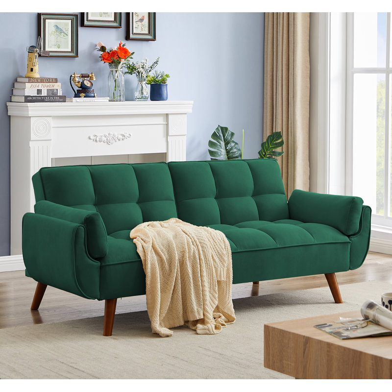 Jalena 75" Flared Arm Convertible Sleeper Sofa, Green Polyester